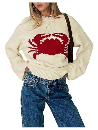 Verdusa Women's Crab Print Oversized Sweaters Y2K Drop Shoulder Pullover Knit Tops - Image 1