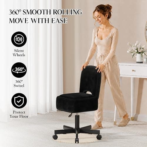 Kawest Black Rolling Vanity Chair with Storage and Adjustable Height | 360° rolling casters, adjustable height, soft faux fur, padded backrest and hidden storage for flexible beauty routines thumbnail 5