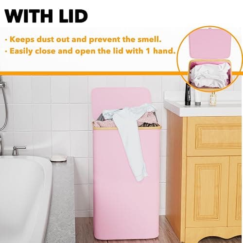 SpaceAid Laundry Hamper with Lid, 110L Large Tall Clothes Basket Bin with Bamboo Handles, Collapsible Laundry Hamper for Bedroom, Bathroom, Dorm, Laundry Room - Pink thumbnail 5