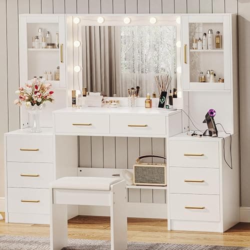 58.3" Large Vanity Desk with Mirror & Lights, Makeup Vanity with 10 LED Lights, 8 Metal Sliding Drawers & 2 Cabinets, White Vanity Set with Stool & Power Outlet 3 Lighting Modes Adjustable Brightness thumbnail 9