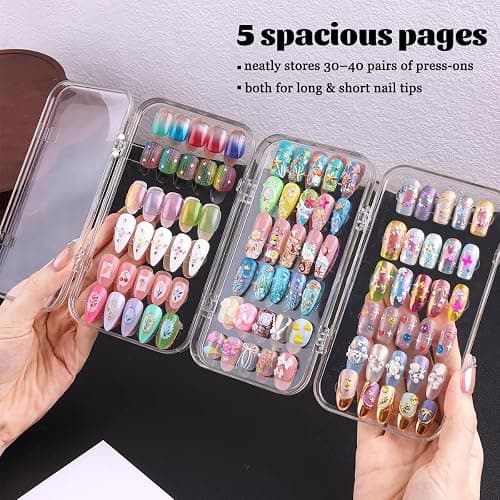 Fcozpjk Press On Nail Organizer Case, Tri-Fold Clear Acrylic Empty Press On Nail Storage Box Packaging Fake Tips Holder Color Display Stand Book Showing Shelves with 30PCS Double Sided Adhesive Tapes thumbnail 3