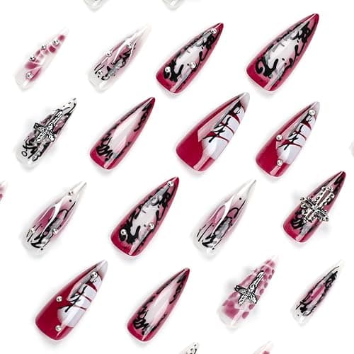 MISUD Press on Nails - Long Stiletto Glue on Nails with Goth Red Black, Acrylic Gothic Corss Design 24 pcs thumbnail 4