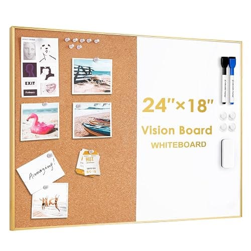 ARCOBIS Cork Board White Board Combo, 24 x 18 Inch Bulletin Board-Gold Frame, Magnetic Dry Erase Board & Corkboard for Wall, Vision Board for Home, Office, School - Image 1
