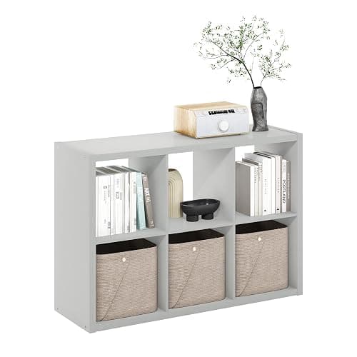 Furinno CUBICLE Book Shelf, 6-Cube Bookshelf, Thick Frame Horizontally & Vertically Reversible Bookcase with Open Back, 14.6" x 44" x 30", for Living Room, Bedroom, Home Office, Light Grey - Image 1