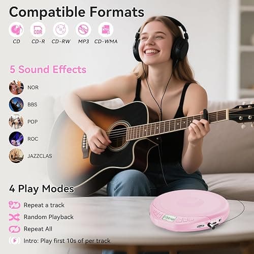 Gueray Portable CD Player with Earphones,CD Discman for Car Home with Anti-Skip Shockproof Protection,Personal CD Music Player with LCD Display Support PROG Memory Function thumbnail 2