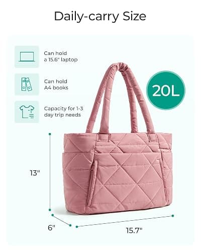 BAGSMART Tote Bag for Women, Puffy Tote Bag with Zipper, Large Quilted Shoulder Bag with Compartments for Travel, Work, Gym thumbnail 3
