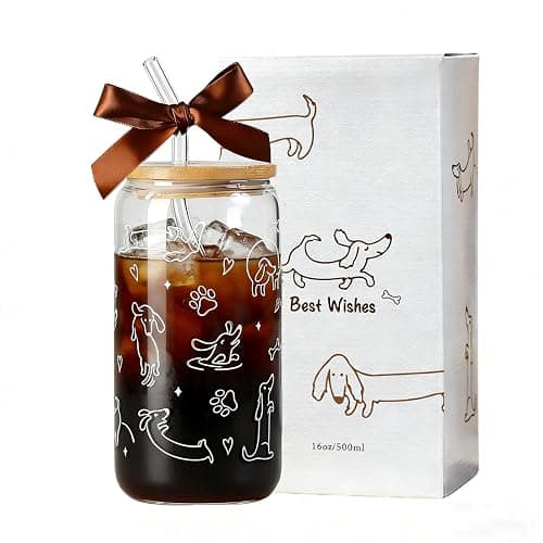Dachshund Gift for Women, Funny Wiener Dog Gifts Glass Cup with Lid & Straw Coffee & Smoothie Tumbler for Weenie Lovers Dog Owners Pet Moms Wife teens Friend Sister for Motherβs Day Birthday - Image 1