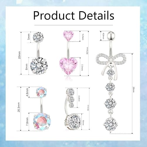 DAILI Gold Belly Button Ring,14G Surgical Stainless Steel Non Tarnish Belly Rings,Hypoallergenic Lightweight Pink Cute CZ Heart Bow Dangle Navel Piercing jewelry for Women thumbnail 3