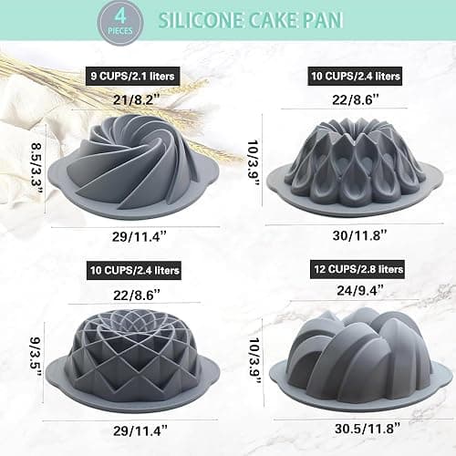 Tongjude 4 Pieces Silicone Fluted Cake Pans, 9/10/12 Cups Tube Baking Pan, Silicone Molds for Homemade Cake, Bread and Jello, Non-Stick, Grey thumbnail 3