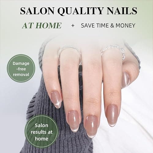 WiniBeauty Cat Eye French Tip Press On Nails - Nude Short Almond Fake Nails | Nude Cateye Press On Nails Reusable Stick On Nails in 16 Sizes, 32pcs False Nail Kit for Women & Girls thumbnail 3