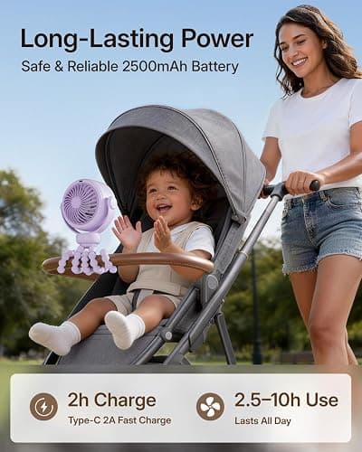 SWEETFULL Portable Stroller Fan, Pinch-Proof Baby Fan - Purple | Wide Turbine Airflow; Safe Design; LED Display; 5-Speed; 30dB Quiet; USB-C Rechargeable; Mini Clip On Fan for Car Seat & Bed thumbnail 5