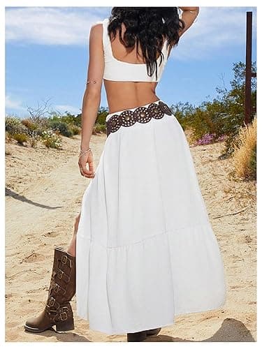 SHENHE Women's Summer Low Rise Maxi Skirt High Slit Ruffle Hem Flowy Boho Long Skirt thumbnail 3