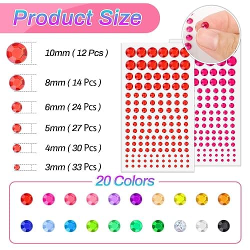 2800 Pcs Self Adhesive face Rhinestones gems Stickers in 20 Colors, 6 Sizes Stick on Jewels for Body, Face, Hair and Craft DIY Decorations(3/4/5/6/8/10mm) thumbnail 3
