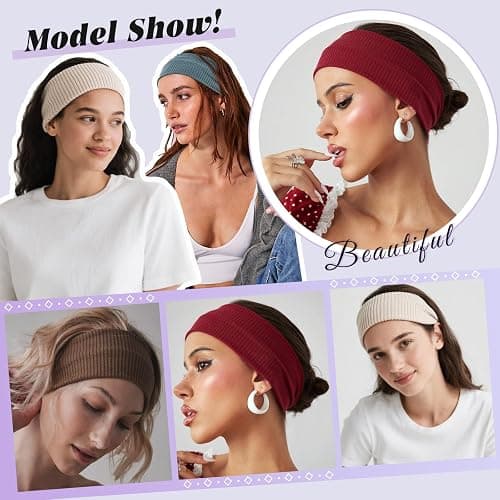 XTREND 6 Packs Knitted Wide Headbands for Women Ribbed Headband Non Slip Boho Head Bands Thick Hairbands Workout Outdoor Yoga Sports Hair Accessories (Black, White, Dark Gray, Khaki, Caramel, Pink) thumbnail 6