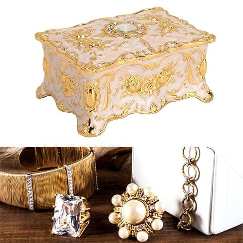 Vintage Metal Jewelry Box Small Trinket Jewelry Storage Box, Vintage Rectangle Trinket Jewelry Box Treasure Chest Box Jewelry Decorative Box Women Girls (Gold White) thumbnail 5