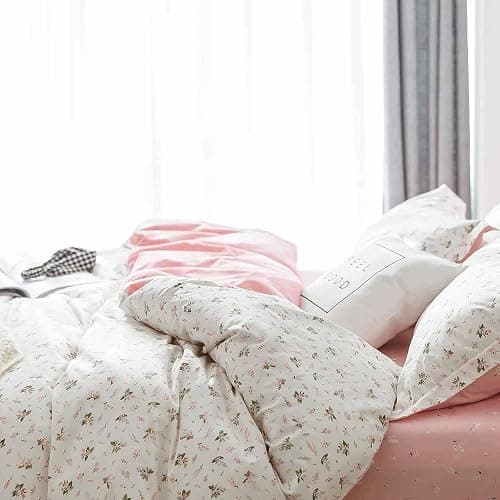 Faincy Floral Twin Size Comforter Set, Pink White Flower Leaf Pattern Printed Preppy Reversible Alternative Bed Sets - 68 x 90 2PC Soft Microfiber Duvet Vintage Bedding in a Bag for Women Girls thumbnail 3