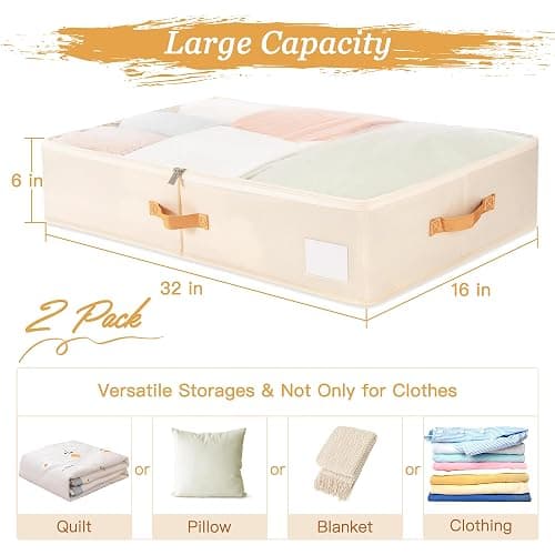 Criusia Under Bed Storage Bins with Clear PVC Lids – 2 Pack Large Underbed Organizers with Heavy-Duty Handles, Reinforced with 800G PP Panels & 80G Non-Woven Fabric – Waterproof & Foldable, Beige thumbnail 2
