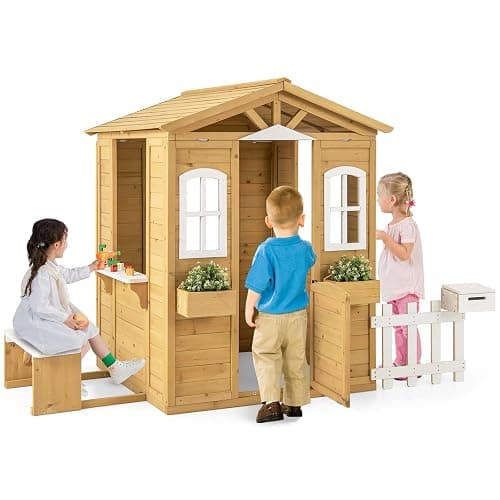 Costzon Outdoor Playhouse, Fir Wood Patio Pretend Play Center w/Bench, Mailbox, Fence, Serving Stations, Flowerpot Holders, Windows & Door, Children Play House for 2+ Years Old Kids - Image 1