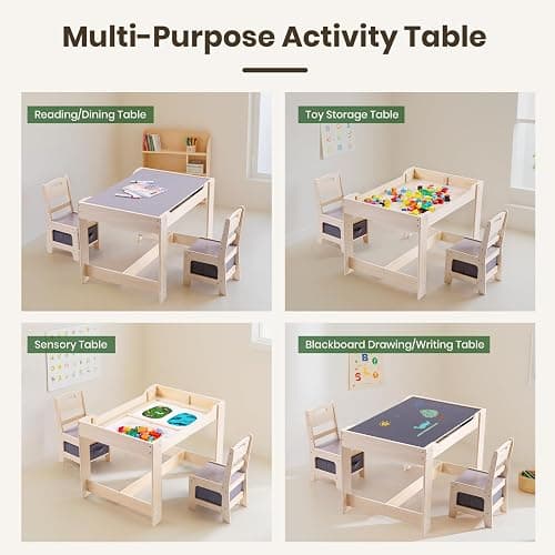 Rinnebbit 4 in 1 Toddler Table and Chair Set, Wood Kids Activity Play with Toy Storage, 2 Drawers, Detachable Tabletop for Crafting, Reading, Dining, Sensory Table w/Bins for Home, Nursery (Natural) thumbnail 3