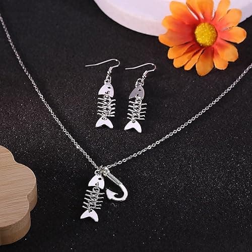 Goth Necklace Earrings for Women Y2K Grunge Accessories Emo Jewelry Gothic Fish Bone Weird Punk Fishing Necklace Fish Skeleton Dangle thumbnail 5