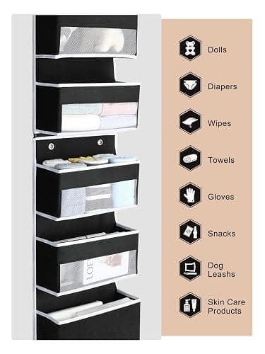 Yecaye 6-Tier Over The Door Storage Organizer, Flexible 1 Split into 2 Swing-Proof Hanging Bathroom Organizer, Bedroom Organizers and Storage for Newborn Baby Essentials, Black thumbnail 6