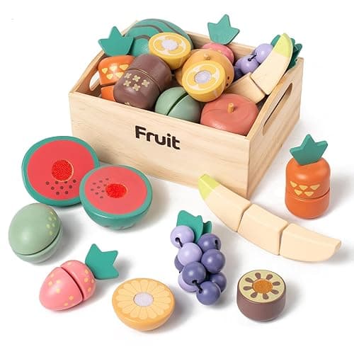 Kienvy 10 PCS Fruit Wooden Play Food Set for Kids Kitchen, Wooden Cutting Fruit Toys for Toddlers and Kids Ages 3+, Pretend Food Toys for Christmas Birthday Presents - Fruit