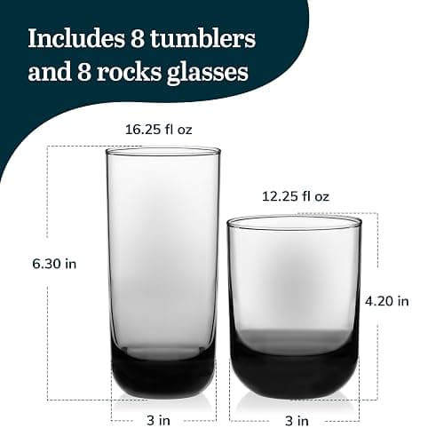 Libbey Polaris Tumbler and Rocks Glass Cups Set, Smoke Hue Mixed Drink Glasses with Straight Lines, Lead-Free, Drinkware Set of 16 for all Beverages thumbnail 2
