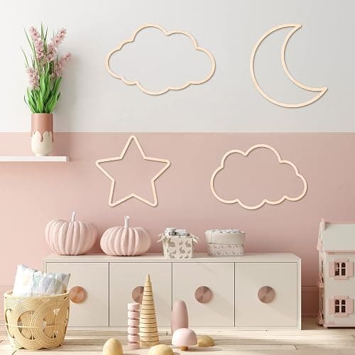 Kathfly4 Pieces Boho Nursery Cloud Star Wall Decor Wooden Babyroom Moon Rattan Wall Decor Wooden Rainbow for Children Baby Kids Boys Girls Bedroom Nursery Pendant(Cloud Moon Star) thumbnail 7