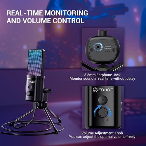 FDUCE Gaming USB Microphone for PC,RGB Condenser Computer Mic with Tripod Stand,Quick Mute,Gain Control,Cardioid Mic for Streaming, Podcast, Twitch, YouTube, PC, Computer, PS5, (M160) thumbnail 4