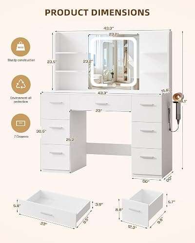 LIVELYGLOW 43" Large White Makeup Vanity Desk with Charging Station | Smart LED Mirror, Hairdryer Holder, 7 Drawers, 4 Shelves thumbnail 3