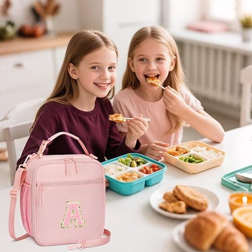 CLOUDWINGS Initial Insulated Lunch Bag for Girls Kids, Back to School Gift, Reusable Leak-proof Lunch Box with Adjustable Strap for School Daycare Travel Picnic (Pink,A) thumbnail 2