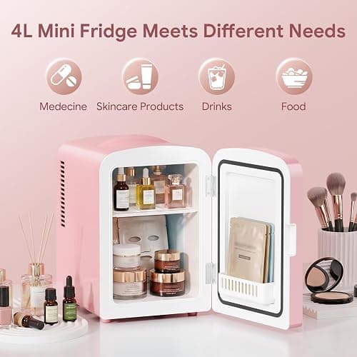 Xbeauty 4L Mini Skincare Fridge With Dimmable LED Mirror | Mini Makeup Fridge for SkinCare, Cosmetics, Food & Drinks, Portable Small Refrigerator for Bedroom, Dorm, Car, Office, Pink thumbnail 3