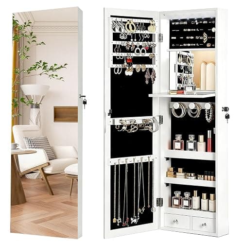 AnSafity Lockable Jewelry Cabinet Organizer with Full Length Mirror, 6 Auto LED Lights, Wall & Over Door Mount Jewelry Armoire with Earring Slots, Necklace Hooks, Foldable Makeup Shelf - Image 1