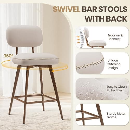 MALOL 26“ Swivel Bar Stools Set of 4, Mid Century PU Leather Counter Height Bar Chairs with Low Back and Metal Legs, Modern Bar Stool Chair for Kitchen Island, Beige thumbnail 4