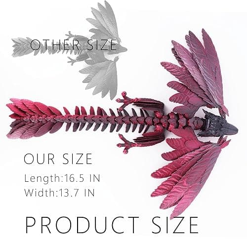 ACOCOFE 3D Printed Dragon Feathered Wyvern Dragon Toys,16 inch Large Fidget Articulated Dragon with Wings,Large Desktop Pet 3D Printed Toys (BlackRed) thumbnail 3