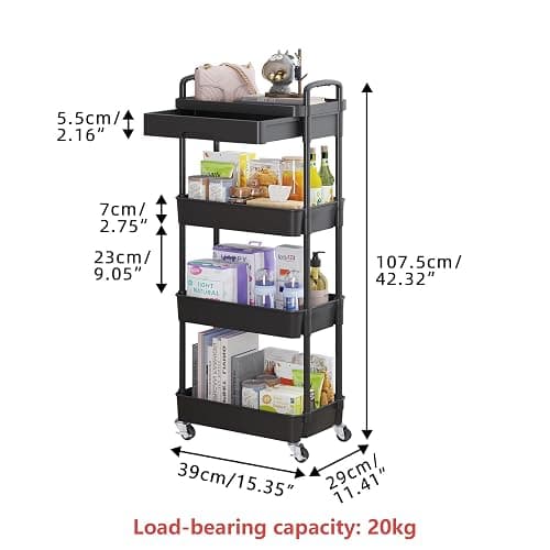 Calmootey 4-Tier Rolling Utility Cart with Drawer,Multifunctional Storage Organizer with Plastic Shelf & Metal Wheel,Storage Cart for Kitchen,Bathroom,Living Room,Office,Black thumbnail 3