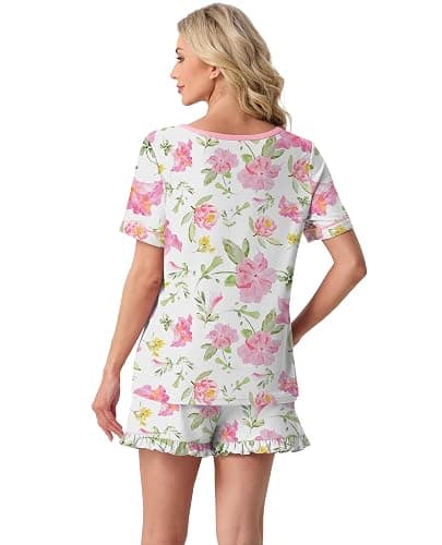 (Size Large) PrinStory Womens Pajama Sets Cute Pjs Short Sleeve Top Ruffle Shorts | Pajama Sets for Women 2 Piece, Lightweight Pj Sets, Soft Lounge Set with Pockets, Women's Sleepwear thumbnail 6