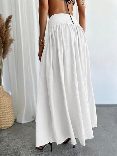 Milumia Women's Pleated Flowy Long Skirts High Waist Maxi Skirt with Pocket | Drop Waist Skirts, Boho, Ankle Length, Beach Cover Up, Vacation, Summer Fall, A-Line Skirt thumbnail 2