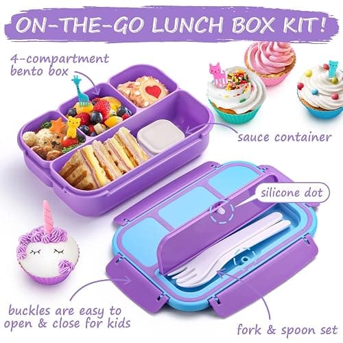 QQKO Bento Lunch Box for Kids Girls Boys, Toddler Kids Lunch Boxes for School, Lunch Containers for Adults with 4 Compartments, Sauce Container, Utensils, Food Picks and Muffin Cups, Purple thumbnail 3