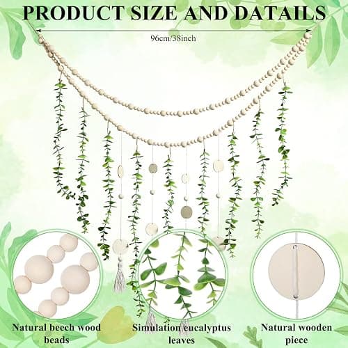 Hanging Eucalyptus Boho Wall Decor Large Boho Bedroom Wall Hanging Wooden Bead Garland Artificial Eucalyptus Natural Greenery Decoration, 36 x 36 Inch (Simple Color, Wood Chip Style) thumbnail 3
