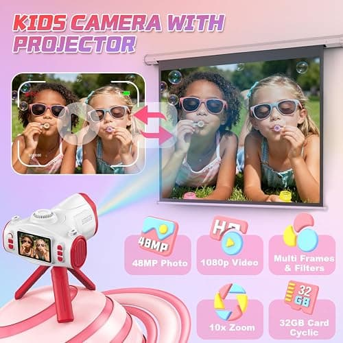 Uffylle Kids Camera with Projector, Big Screen 1080P Photography Kids Recorder with Tripod, Lanyard, 32GB Kids Video Vlogging Camera for Age 3-12, Christmas Birthday Gifts Toys for Boys Girls, White thumbnail 2