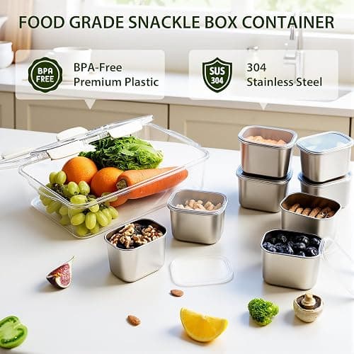 Snackle Box Container, Stainless Steel Divided Serving Tray with Lid and Handle, 8 Compartment Portable Snack Platters - Clear Storage Organizer for Fruit Candy Nuts Veggie - Perfect for Travel Party thumbnail 6