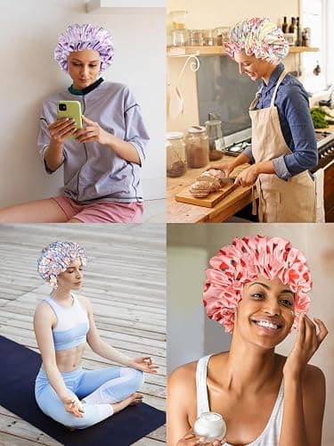 Vettres Floral Satin Bonnet with Scrunchie Set,Double Layer Ruffle Reusable Sleeping Shower Cap for Curly Hair Blue-cherry thumbnail 5