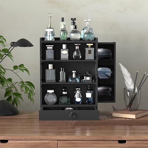 Wooden Cologne Organizer for Men Sliding 4 Tiers of Standing Perfume Display Stand with Side & Under Double Drawers Larger Storage Black Perfume Organizer Display Shelf Holder,Gift for Man thumbnail 2