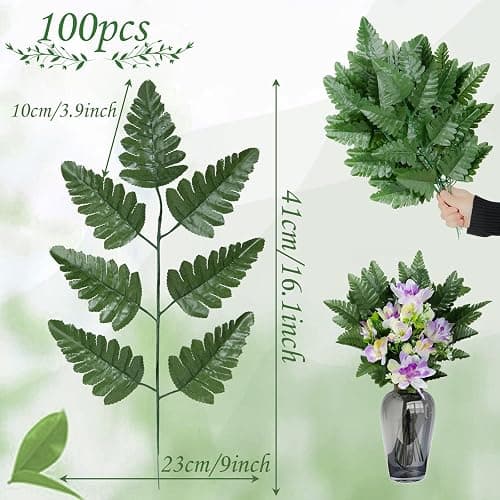 XONOR Artificial Silk Leaf Fern - Artificial Fern Leaves Stem Faux Greenery Plant for Cemetery Grave Headstone Wedding Home Garden Decoration (100Pcs, Dark Green) thumbnail 3
