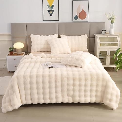 Luxury Thick Plush Faux Rabbit Fur Throw Blanket Ultra-Plush Cozy Soft Decorative Blanket Use for Couch Bed Travel(Beige,60"*80") thumbnail 4