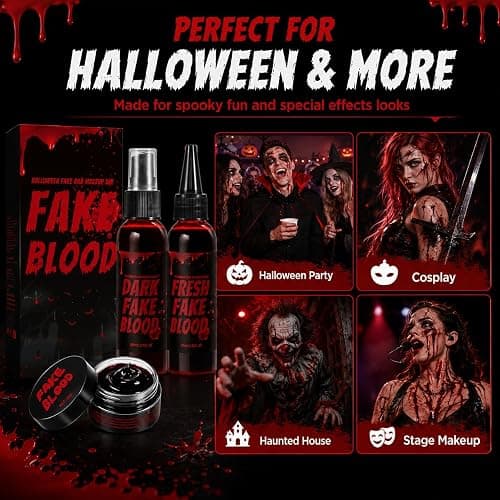 Halloween Fake Blood Kit, 3PCS Realistic Washable Blood Makeup with Spray, Dripping Blood & Coagulated Gel Blood for Zombie Vampire Monster Cosplay, Costume Party & SFX Makeup (3PCS) thumbnail 6