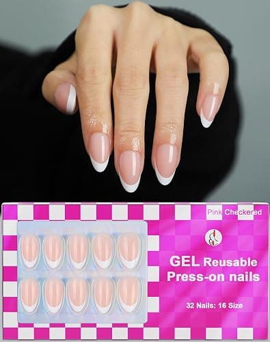 French Almond Gel Press On Nails Short 16 Sizes Fake Nails Glossy 32pcs, Nail Glue Included - Image 1