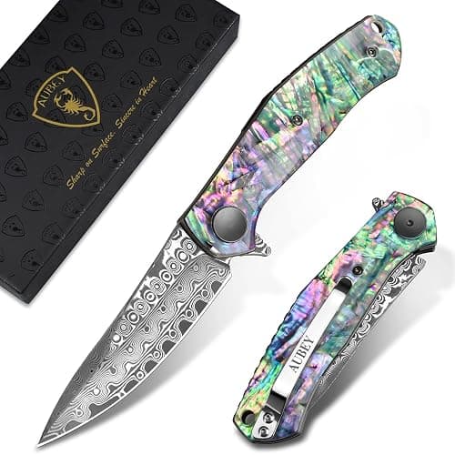 AUBEY Damascus Pocket Knife for Women Men, Sharp 3.23" Damascus Steel Blade Knife with Clip, EDC Hunting Knives with Abalone Shell Handle, Gift for Camping Outdoor - Image 1