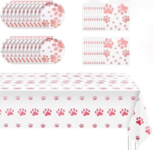 Pink Puppy Party Supplies - Includes 20 Paper Plates, 20 Napkins, 1 Tablecloth - Puppy Theme Birthday Decoration - Image 1